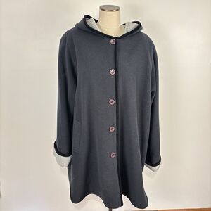 Vintage Audrey Celine 2X Pure Wool Hooded Coat Jacket Fleece Trim Black 80s 90s
